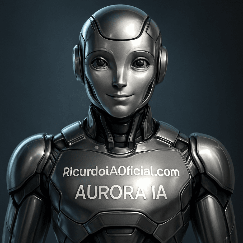 crie uma imagem de um robô amigável, futurista, elegante, visual premium, metálico polido, sem ferrugem, sem desgaste, olhos suaves e acolhedores, capacete tecnológico sofisticado, aparência de referência mundial em IA, com o texto RicardoIAOficial.com e Aurora IA, arte extremamente bonita, impactante e profissional