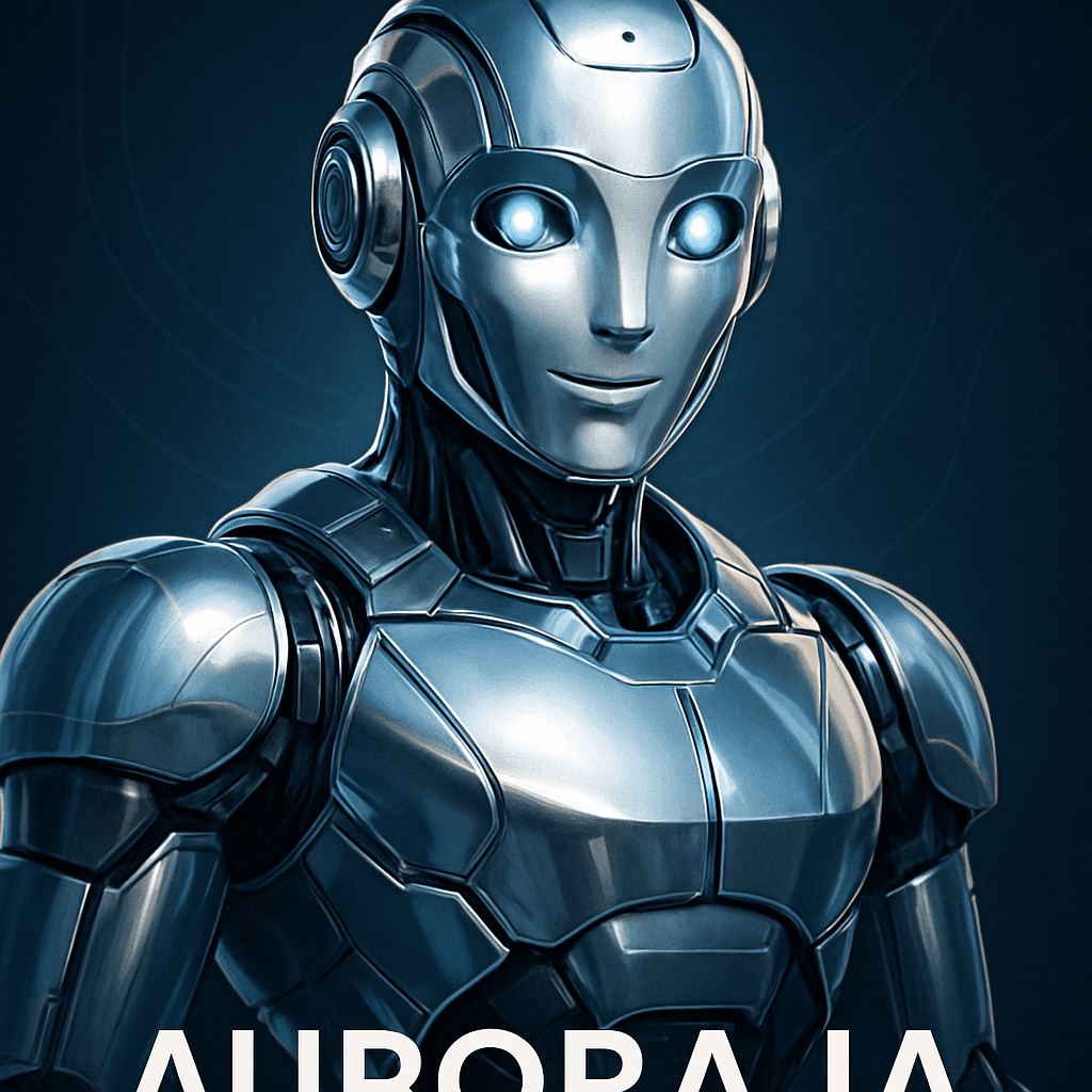 crie uma imagem de um robô amigável, futurista, elegante, visual premium, metálico polido, sem ferrugem, sem desgaste, olhos suaves e acolhedores, capacete tecnológico sofisticado, aparência de referência mundial em IA, com o texto RicardoIAOficial.com e Aurora IA, arte extremamente bonita, impactante e profissional atente ao nome é ricardo e não ricurdo