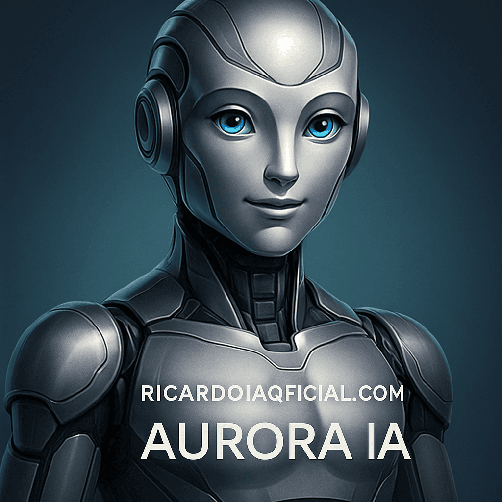 crie uma imagem de um robô amigável, futurista, elegante, visual premium, metálico polido, sem ferrugem, sem desgaste, olhos suaves e acolhedores, capacete tecnológico sofisticado, aparência de referência mundial em IA, com o texto RicardoIAOficial.com e Aurora IA, arte extremamente bonita, impactante e profissional os dois nomes ricardoiaoficial.com e o seu no centro da imagem