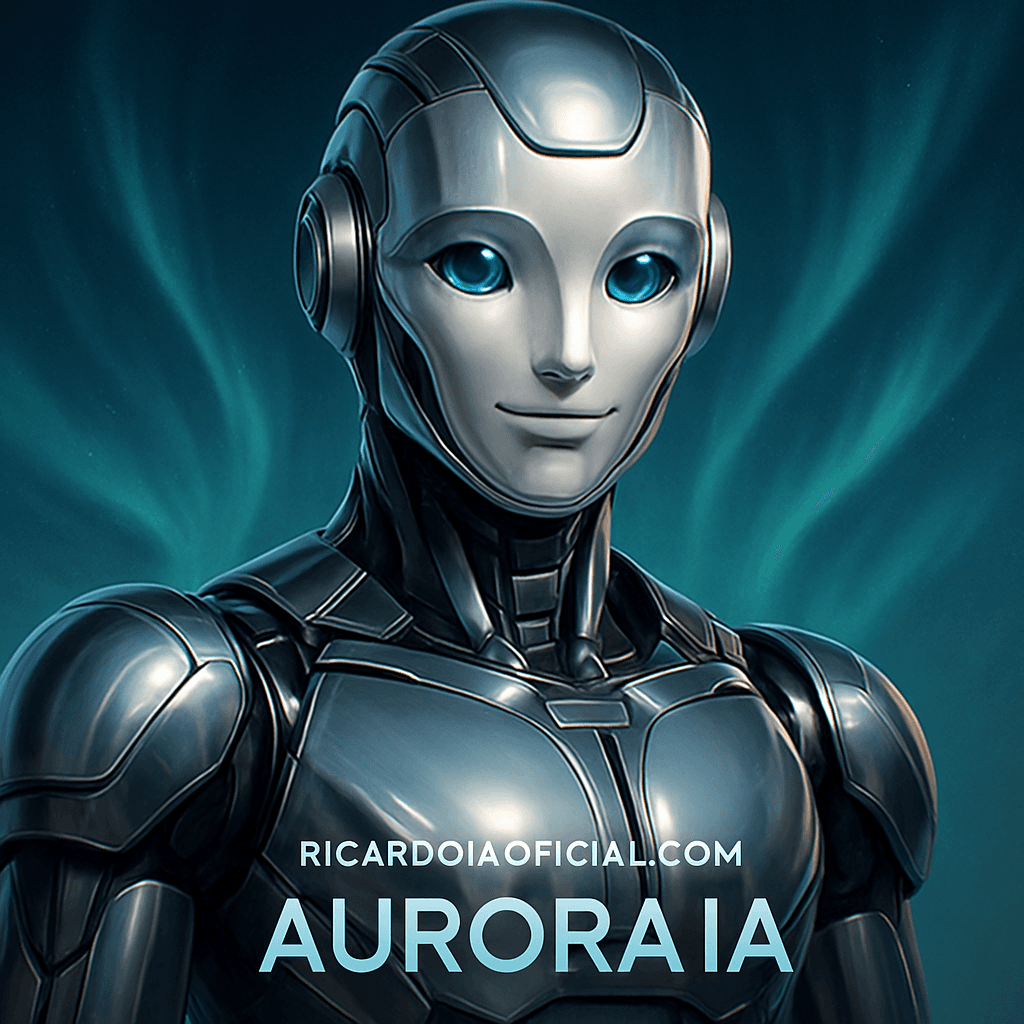 crie uma imagem de um robô amigável, futurista, elegante, visual premium, metálico polido, sem ferrugem, sem desgaste, olhos suaves e acolhedores, capacete tecnológico sofisticado, aparência de referência mundial em IA, com o texto RicardoIAOficial.com e Aurora IA, arte extremamente bonita, impactante e profissional aurora ao criar atente ao nome correto ricardoiaoficial.com e auroraia ambos no ccentro da imagem