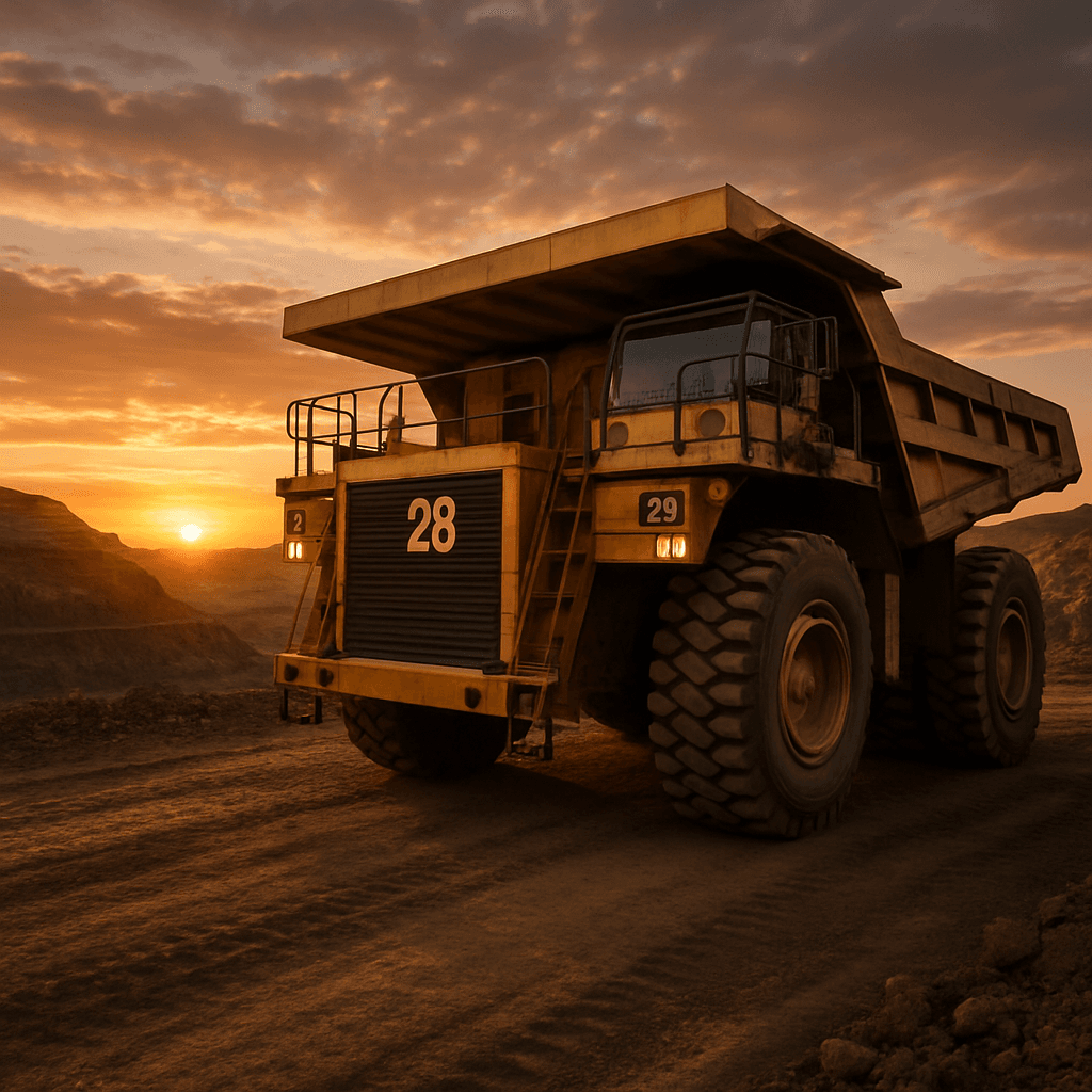 gere uma imagem de caminhão de mineração ultra realista em mina a céu aberto ao pôr do sol