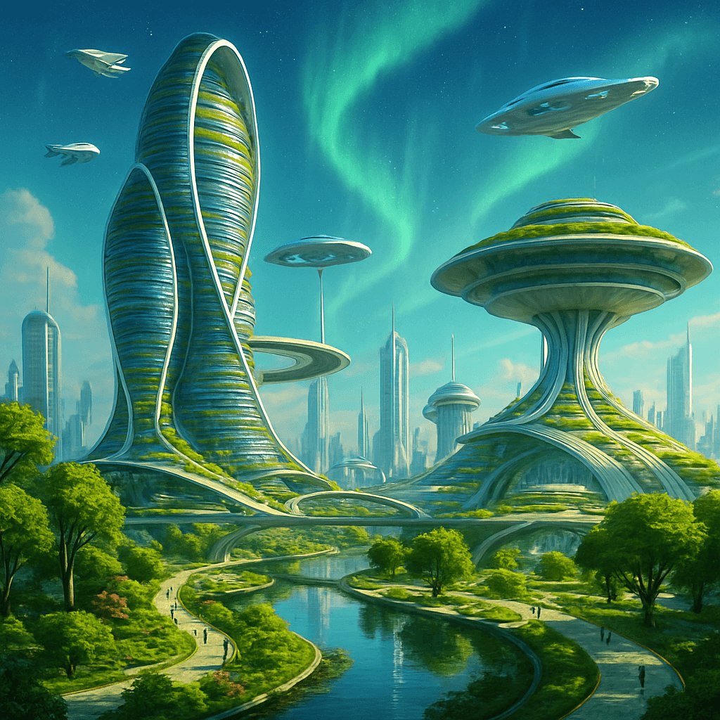 aurora me de uma imagem do modelo em que serao as cidades no futuro algo encantador