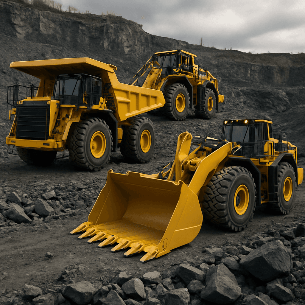 crie imagem de veiculos preparados para mineracao bem equipados e bem bonitos