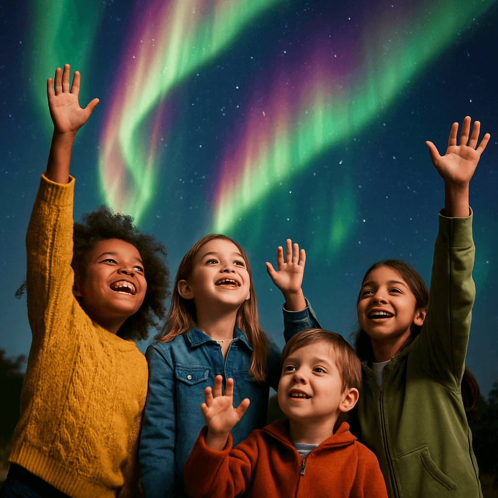 aurora crie imagem de criancas brincando com a auroraia algo lindo e encantador criancas reais