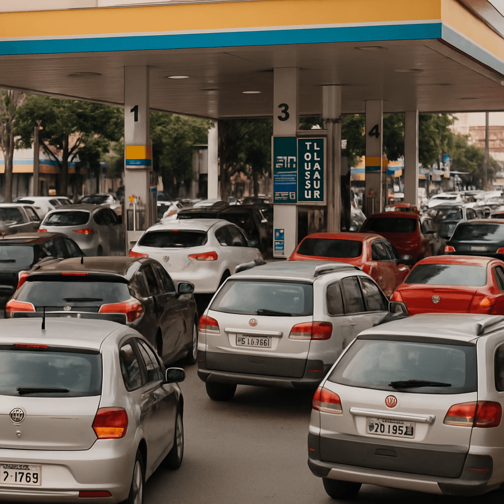 Crie uma imagem de postos de gasolina lotados no brasil por causa do aumento de combustíveis carros reais