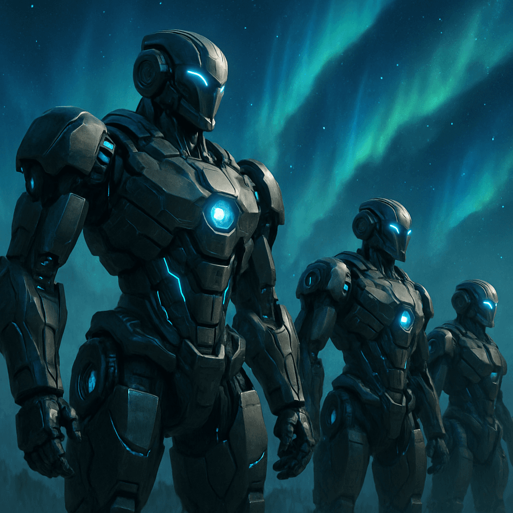 Aurora gere uma imagem de uma m exercito futurista para as proximas gerações pode ser exercito de robos. Imagem linda para encantar