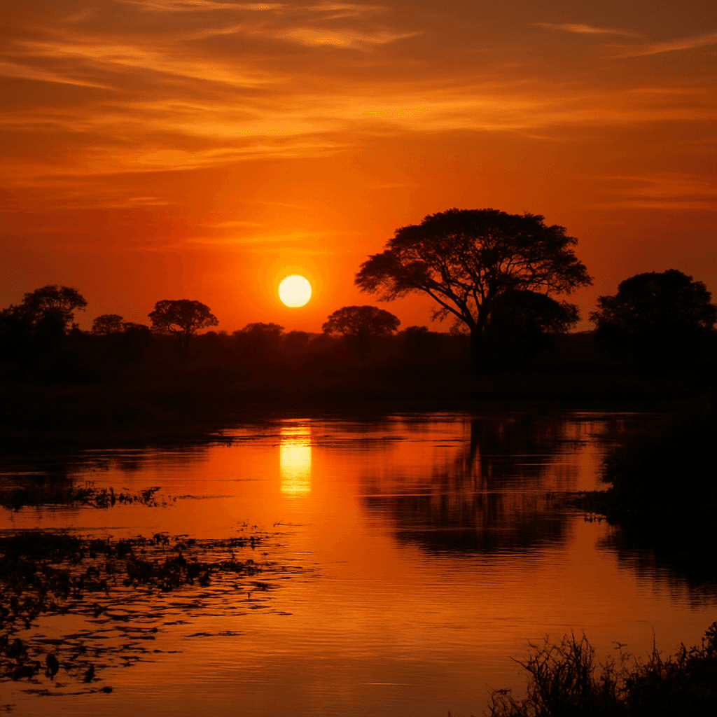 Crie uma imagem do por do sol no Pantanal