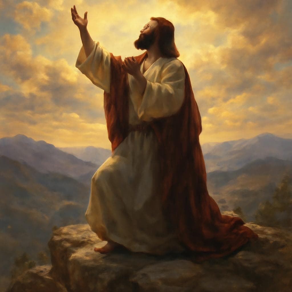 Jesus no alto de um monte orando com as mãos voltadas para o céu