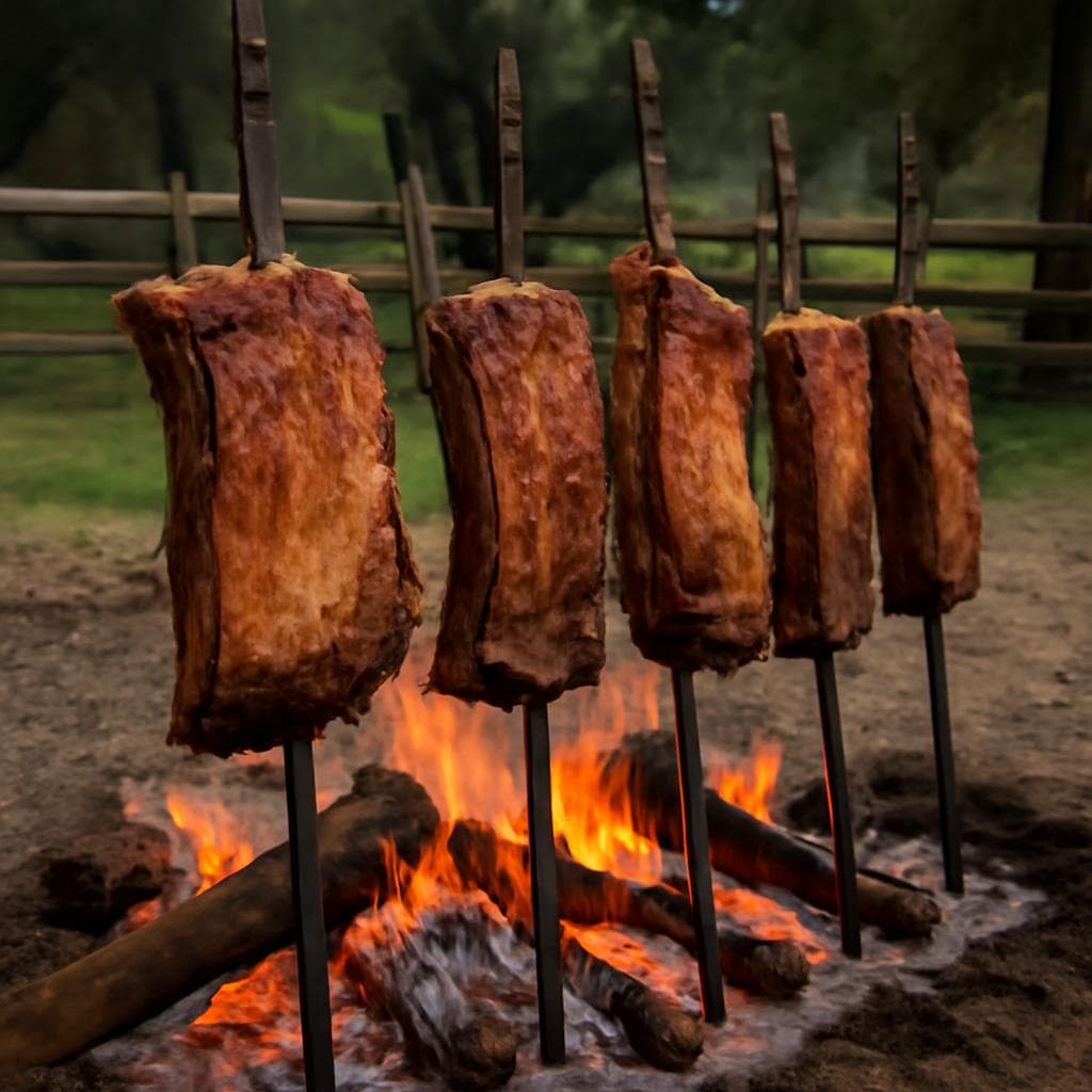 Crie uma imagem real do verdadeiro churrasco gaucho churrasco de chao coloque o nome na imagem