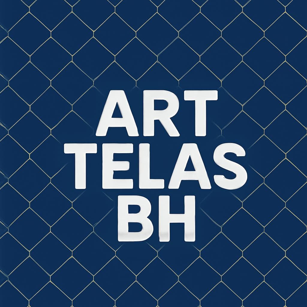Cria pra mim uma imagem de Art Telas BH fundo azul escuro letras brancas e uma tela alambrado no fundo