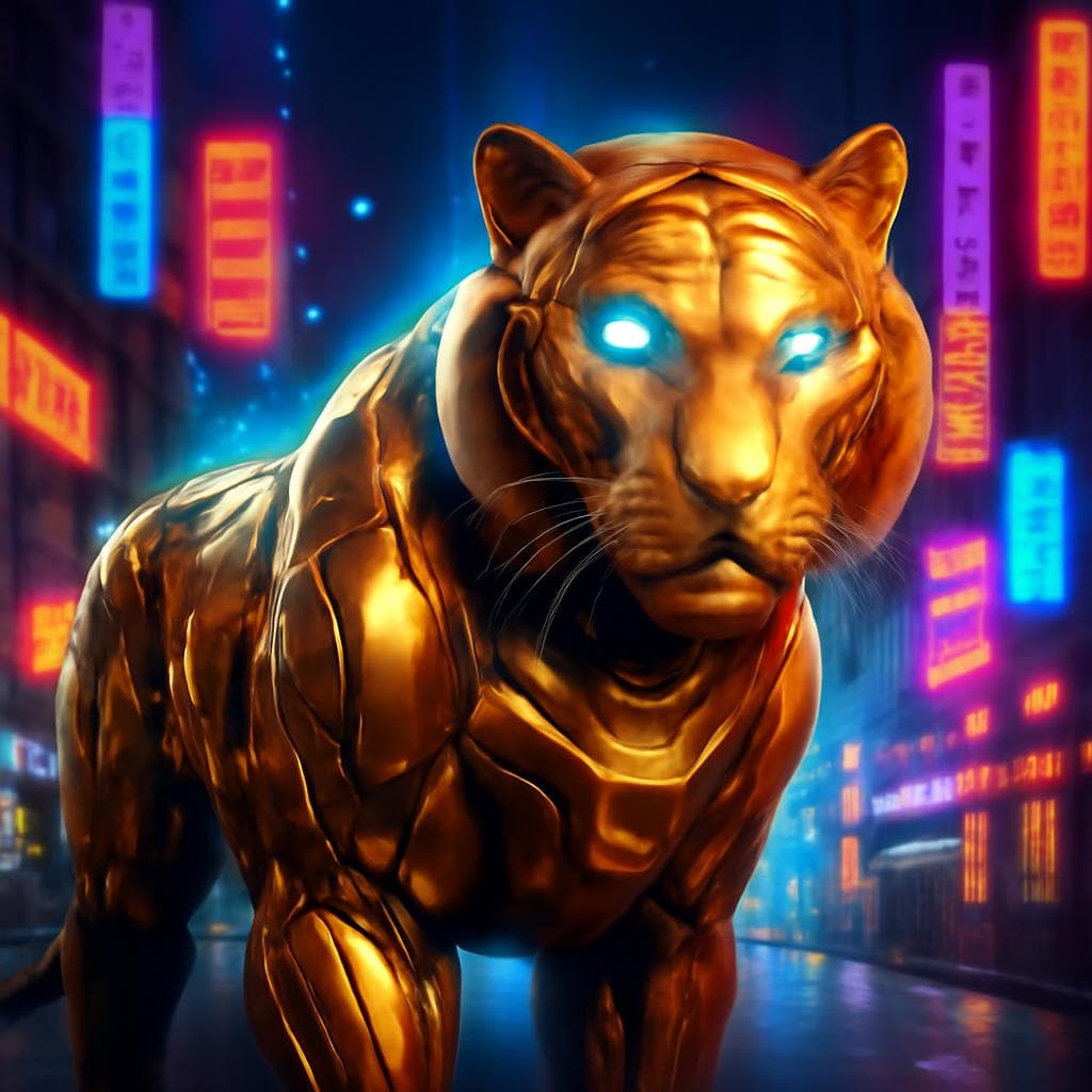 crie uma imagem de um tigre dourado futurista com olhos azuis em uma cidade neon