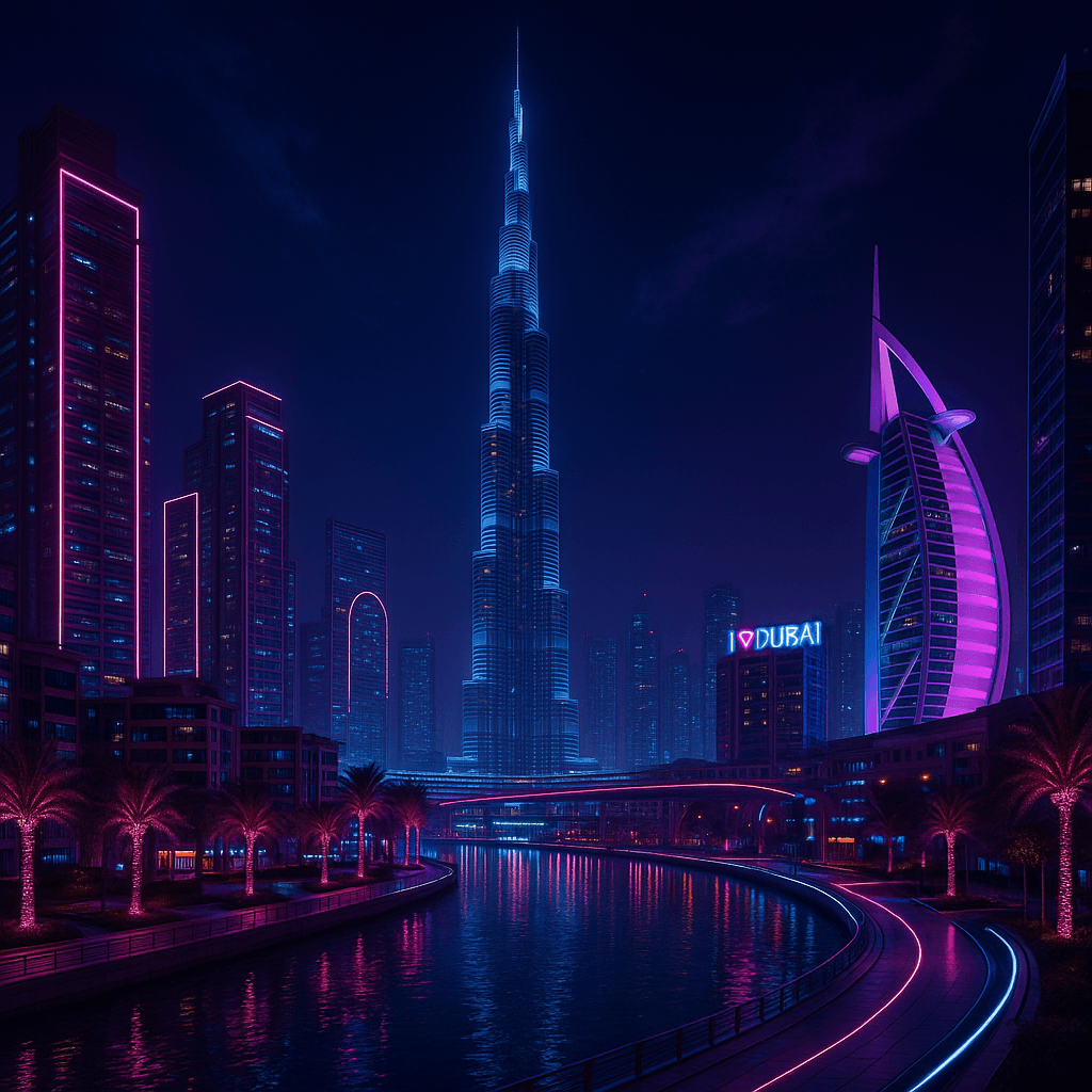 crie uma imagem da cidade de dubai neon futurista ultra detalhada