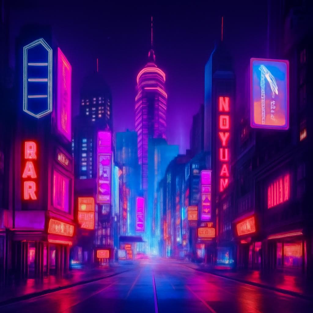 crie para mim uma cidade cinematgografica do futuro , fundo neon variado e cores chamativas nas edificacoes