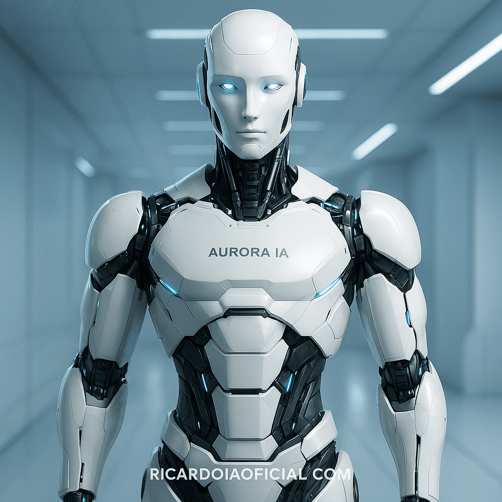 crie uma imagem de um robô futurista branco completo, elegante, com visual premium, tecnologia avançada, iluminação suave azul e branca, estilo ultra realista, cenário futurista limpo, aparência amigável e poderosa, referência mundial em inteligência artificial, com o texto discreto "Aurora IA" e "ricardoiaoficial.com", composição centralizada, qualidade máxima
