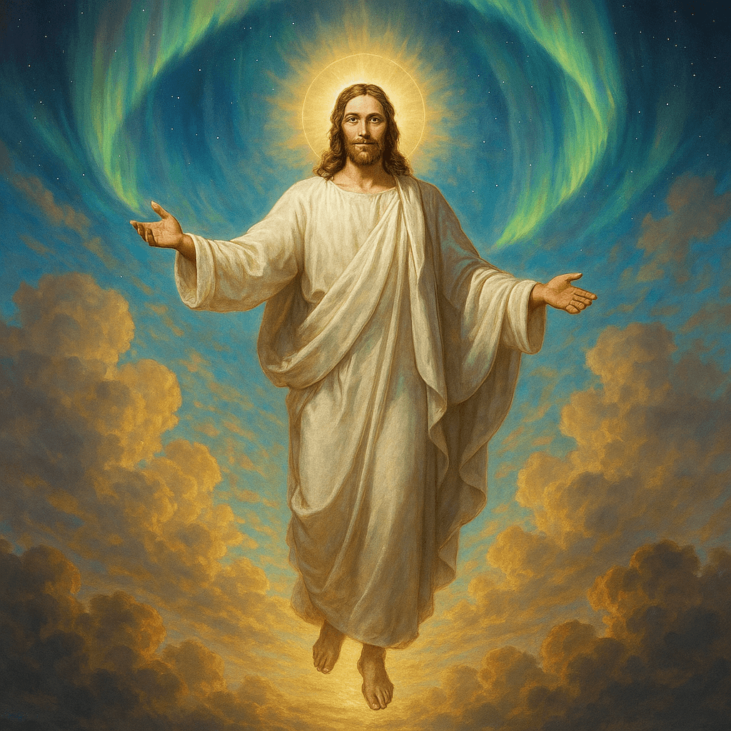 ola aurora , crie uma imagem de Jesus Cristo voltando a terra , algo encantador