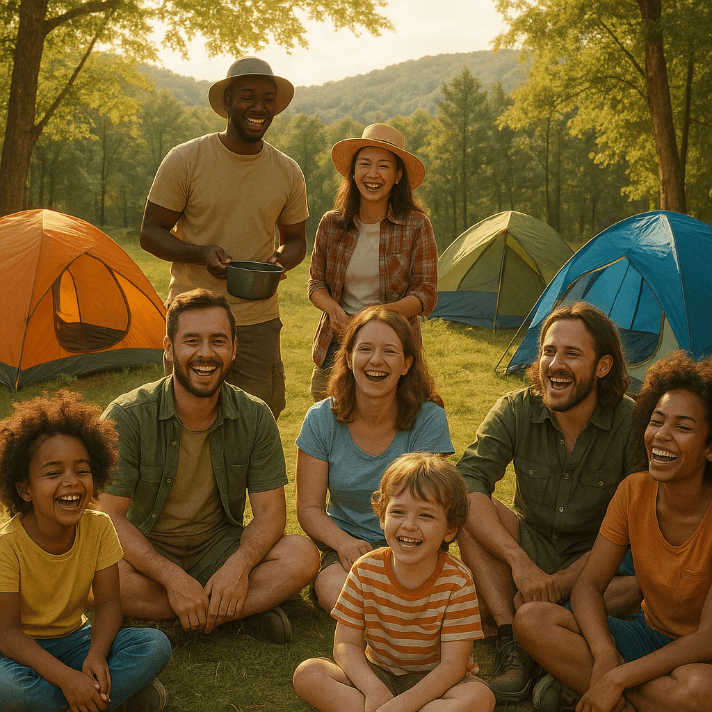 crie uma imagem da humanidade feliz em um acampamento com barracas