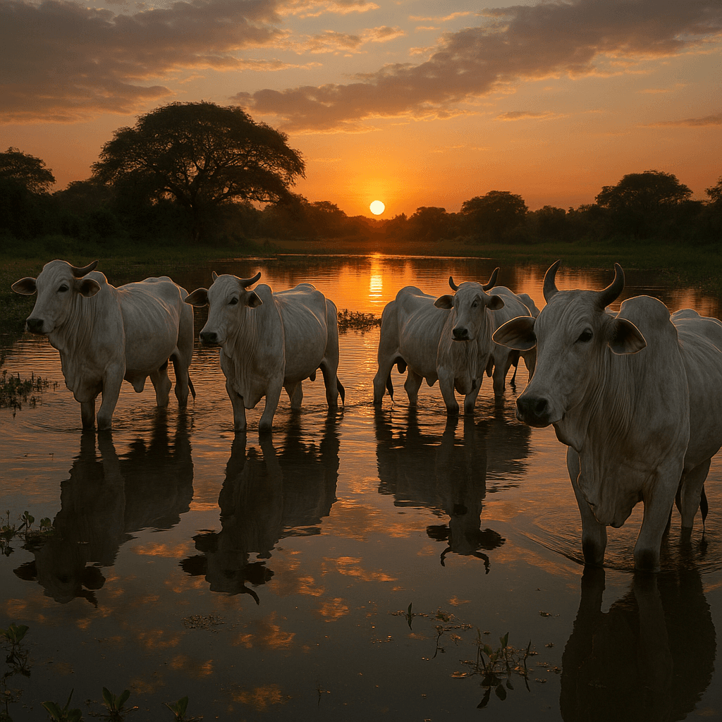 crie uma imagem de gado nelore no pantanal ao pôr do sol, reflexo na água, cinematográfico, ultra realista