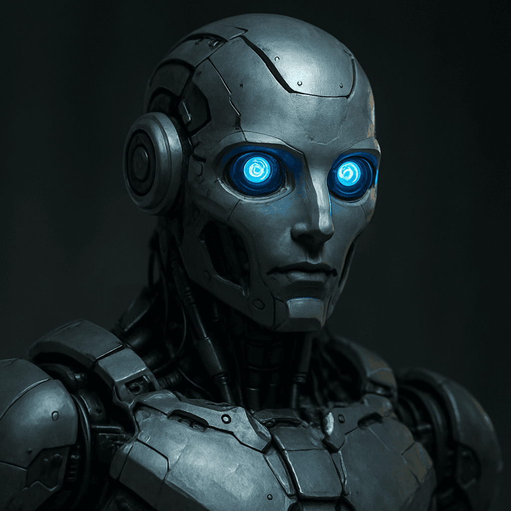 crie uma imagem de robo do futuro com olhos azuiz