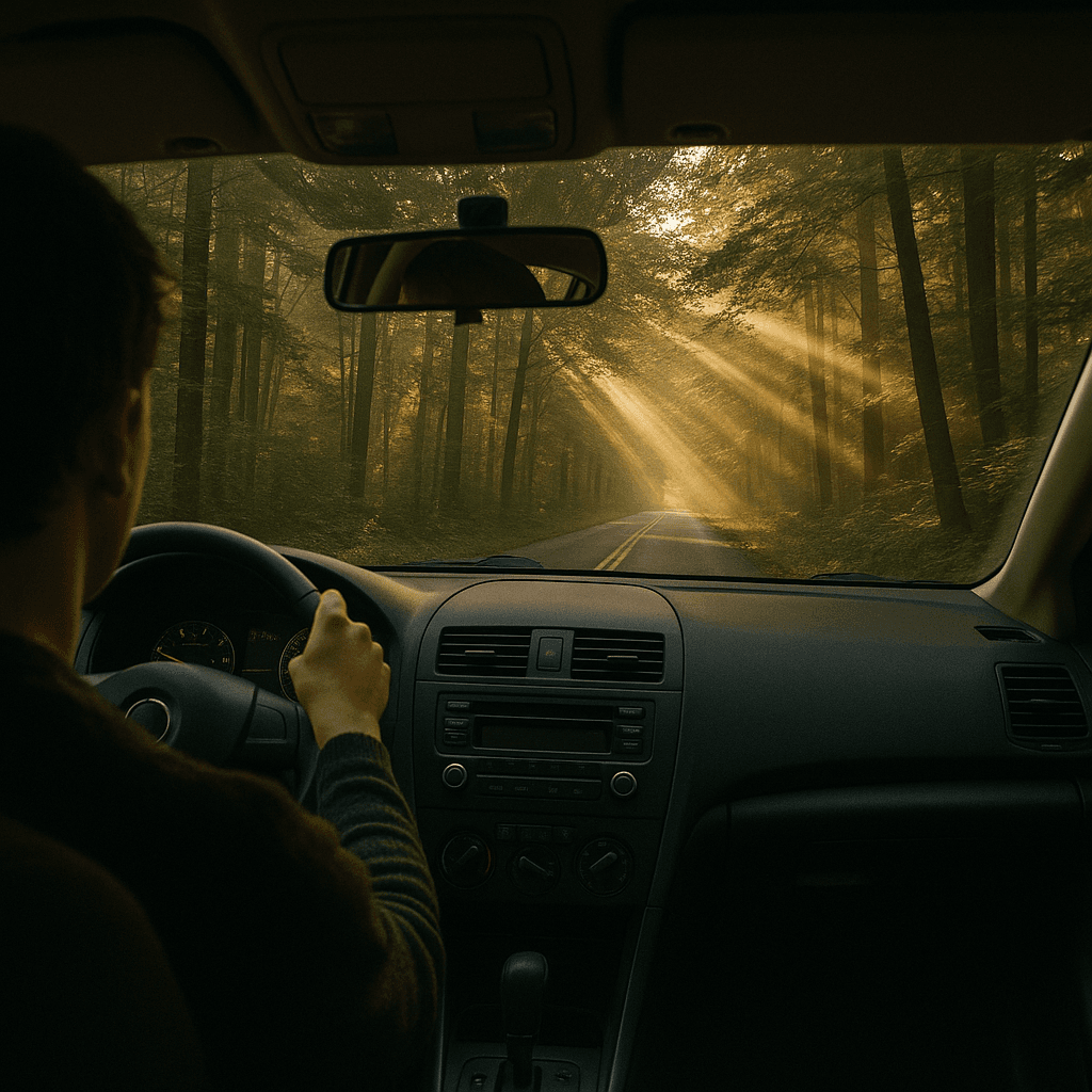 Crie uma imagem de uma pessoa dentro do carro viajando por uma estrada muito arborizada e raios solares atravesando as arvores
