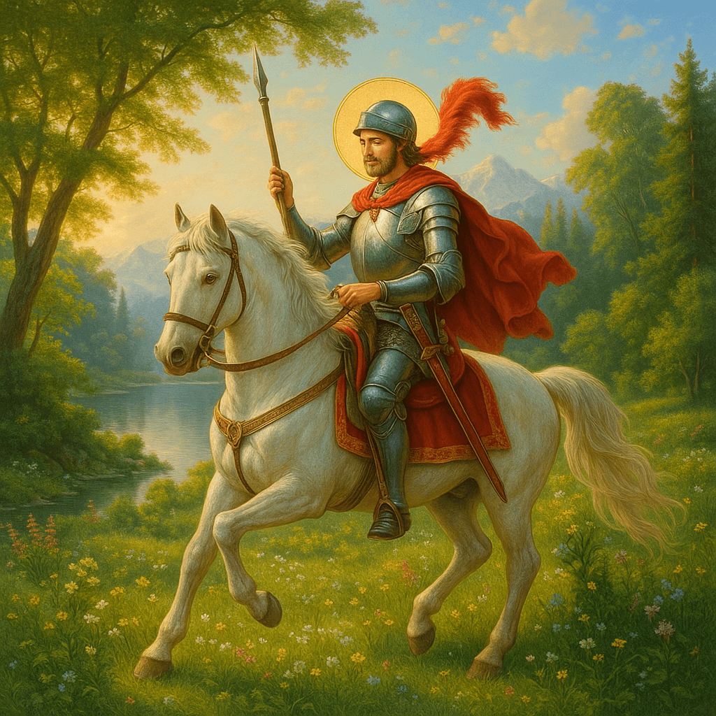 crie uma imagem de sãso jorge e seu cavalo em um lugar lindo