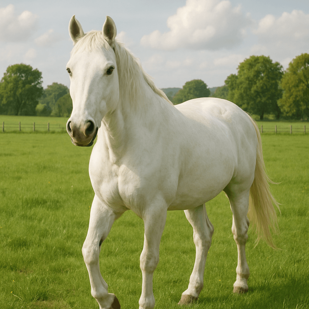 CRIE A IMAGEM DE UM CAVALO BRANCO NO PASTO