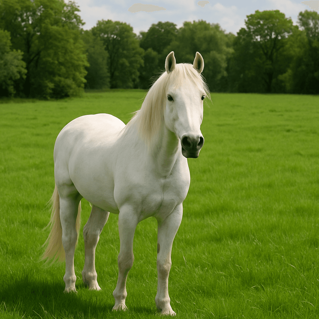 CRIE UMA IMAGEM DE UMA CAVALO BRANCO EM UM PASTO SUPER VERDINHO