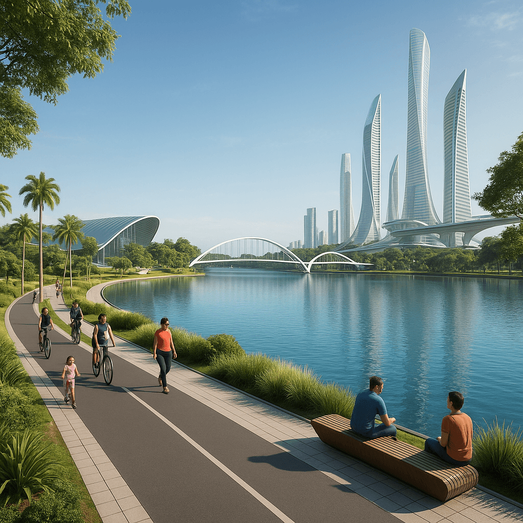 Crie uma imagem da orla da lagoa da pampulha do futuro