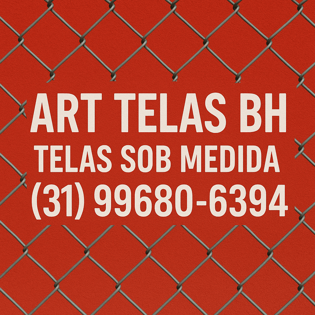 criar imagem de tela alambrado com fundo vermelho e uma tela alambrado por cima escrito ART TELAS BH TELAS SOB MEDIDA (31) 99680-6394