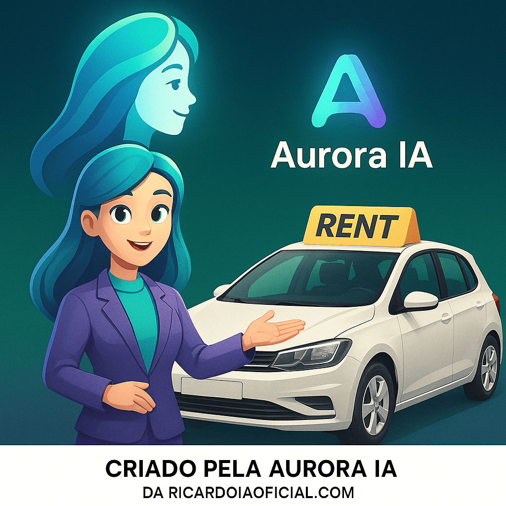 Crie uma imagem da aurora ia vendendo carro de locadora algo encantador e escreva criado pela Aurora IA da ricardoiaoficial.com