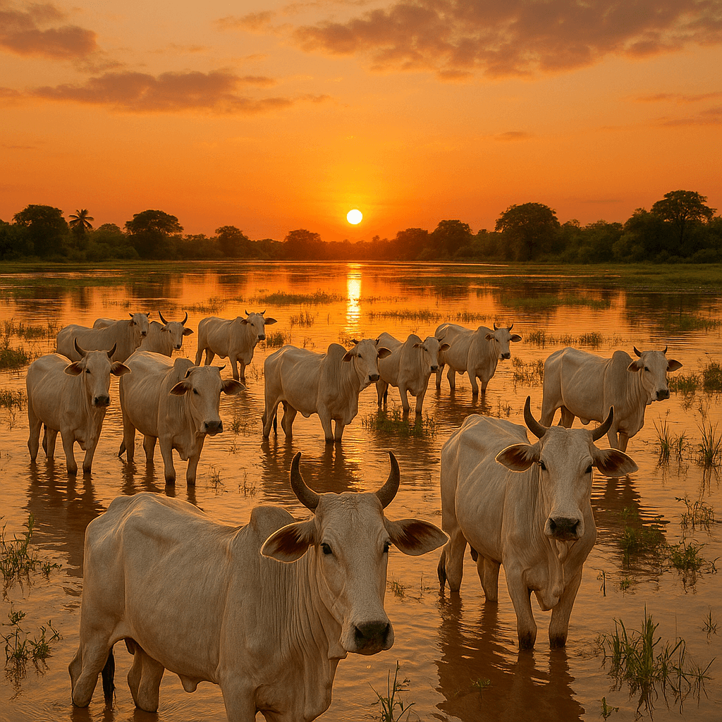 Gere uma imagem do pantanal alagado e gados brancos ao por do sol