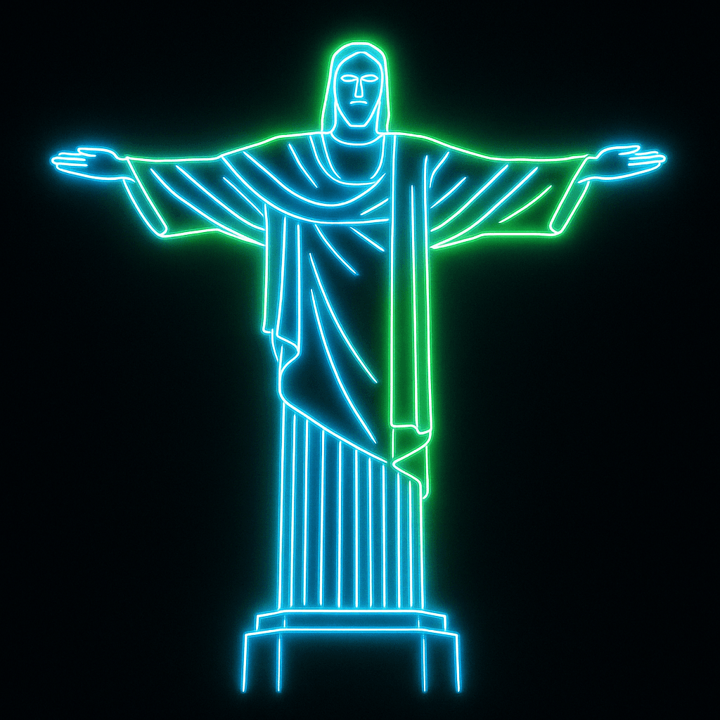 Gerw uma imagem do crieto redentor com travos em azul neon sobreposto por verde neon
