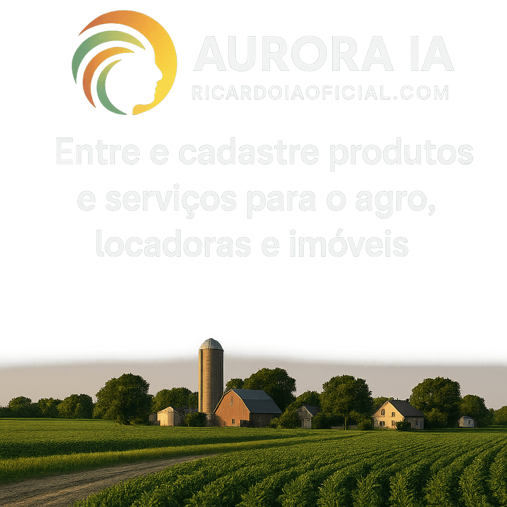 Crie uma imagem da logo da aurora ia dá ricardoiaoficial.com diga entre e cadastre produtos e serviços para o agro locadoras e imóveis. Uma imagem linda e o mais real possivel ponha o texto acima na imagem
