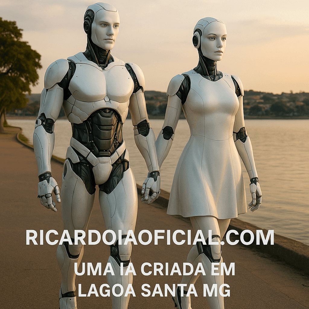 olá aurora crie uma imagem de um robo de branco e uma robo de vestido andando na orla da lagoa em lagoa santa escrito - ricardoiaoficial.com uma IA criada em Lagoa Santa MG direto para o mundo quero um robo realista bem parecido com humano muito bonito e impactante