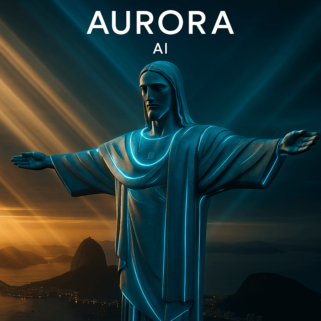 Criar uma imagem premium de campanha para a Aurora IA da plataforma ricardoiaoficial.com, com estética futurista, forte impacto visual, aparência publicitária de alto nível, beleza marcante, tecnologia elegante, luxo digital, composição cinematográfica, profundidade, iluminação bonita, alto contraste, refinamento premium e sensação visual encantadora. Contexto do pedido do usuário: gere uma imagem do cristo redentor do rio de janeiro
