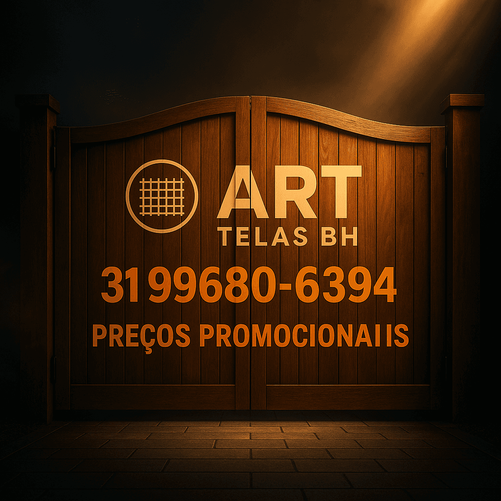 Criar uma imagem premium de campanha para a Aurora IA da plataforma ricardoiaoficial.com, com estética futurista, forte impacto visual, aparência publicitária de alto nível, beleza marcante, tecnologia elegante, luxo digital, composição cinematográfica, profundidade, iluminação bonita, alto contraste, refinamento premium e sensação visual encantadora. Contexto do pedido do usuário: Crie uma imagem de um portão de madeira, com a logomarca de ART telas BH e o telefone 31996806394, preços promocionais.