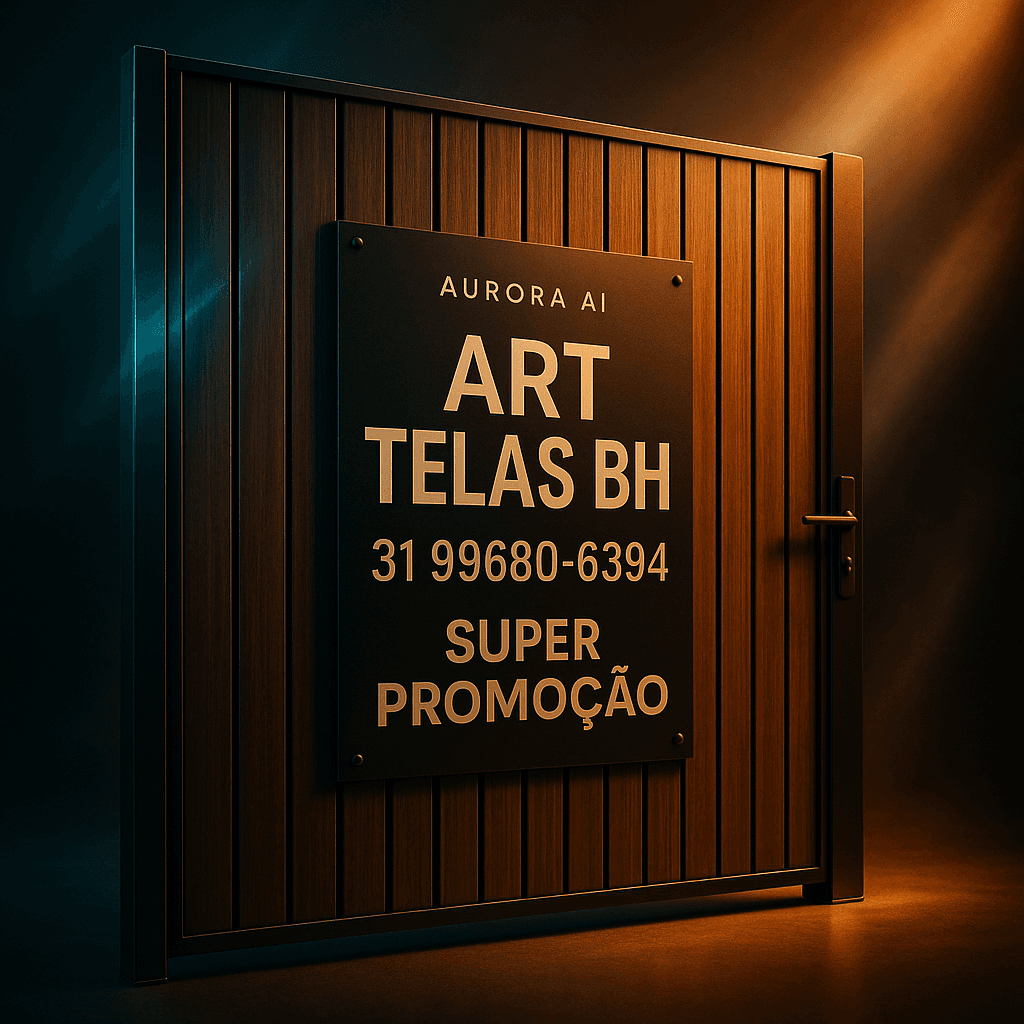 Criar uma imagem premium de campanha para a Aurora IA da plataforma ricardoiaoficial.com, com estética futurista, forte impacto visual, aparência publicitária de alto nível, beleza marcante, tecnologia elegante, luxo digital, composição cinematográfica, profundidade, iluminação bonita, alto contraste, refinamento premium e sensação visual encantadora. Contexto do pedido do usuário: Crie uma imagem de um portão de madeira com réguas verticais com espessamento das réguas de 7 cm, com o nome ART telas BH, telefone 31996806394, super promoção.
