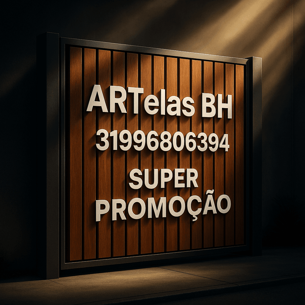 Crie uma imagem de um portão de madeira com réguas verticais com espessamento das réguas de 7 cm, com o nome ART telas BH, telefone 31996806394, super promoção.