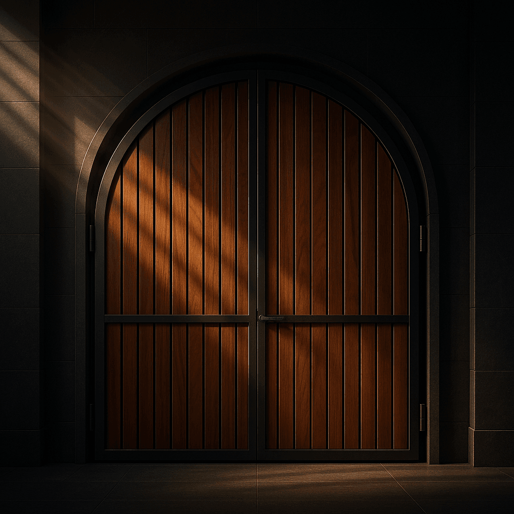 Crie uma imagem de um portão de madeira réguas com espessamento de 10 cm, arqueado de duas bandeiras, ART telas BH telefone 31996806394 promoção.