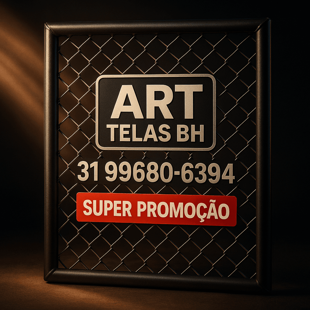 Cire uma imagem de uma tela alambrado com a logo art telas BH e o telefone 31996806394, super promoção.