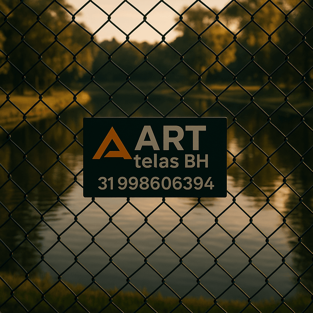 Crie uma imagem de um lago cercado de tela alambrado, com a logo ART telas BH e telefone 31996806394.