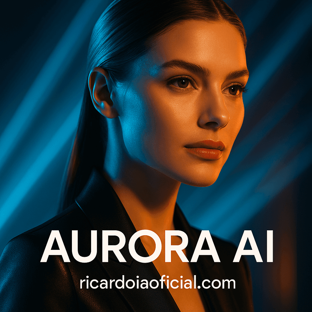 Criar uma imagem premium de campanha para a Aurora IA da plataforma ricardoiaoficial.com, com estética futurista, forte impacto visual, aparência publicitária de alto nível, beleza marcante, tecnologia elegante, luxo digital, composição cinematográfica, profundidade, iluminação bonita, alto contraste, refinamento premium e sensação visual encantadora. Contexto do pedido do usuário: Gerar imagem premium para anúncio ricardoiaoficial.com