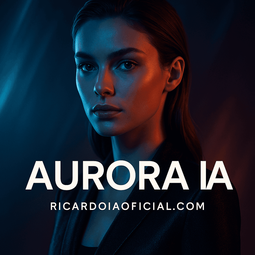Criar uma imagem premium de campanha para a Aurora IA da plataforma ricardoiaoficial.com, com estética futurista, forte impacto visual, aparência publicitária de alto nível, beleza marcante, tecnologia elegante, luxo digital, composição cinematográfica, profundidade, iluminação bonita, alto contraste, refinamento premium e sensação visual encantadora. Contexto do pedido do usuário: CRIE UMA IMAGEM COM O NOME ARUROA IA E ricardoiaoficial.com algo para encantar o mundo