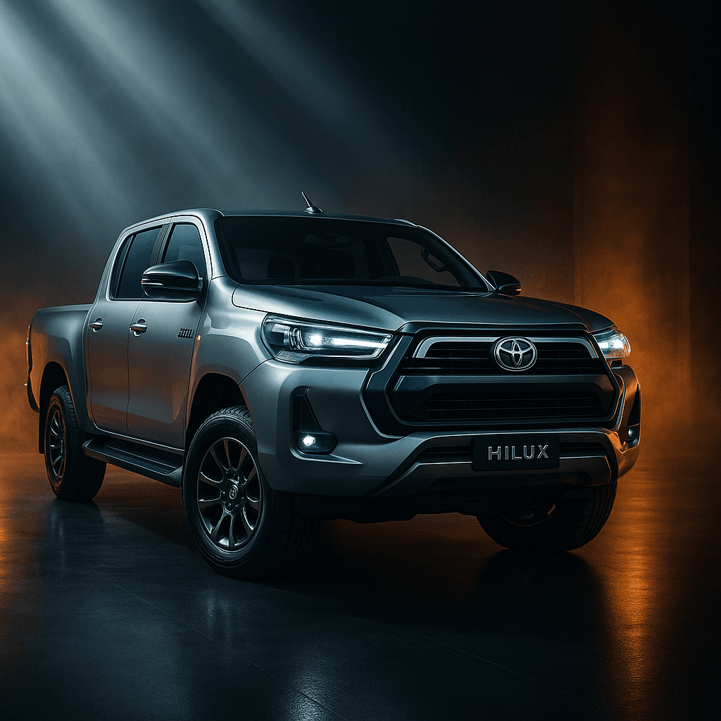 Criar uma imagem premium de campanha para a Aurora IA da plataforma ricardoiaoficial.com, com estética futurista, forte impacto visual, aparência publicitária de alto nível, beleza marcante, tecnologia elegante, luxo digital, composição cinematográfica, profundidade, iluminação bonita, alto contraste, refinamento premium e sensação visual encantadora. Contexto do pedido do usuário: Gerar imagem premium para anúncio da raja aluguel de veiculos preciso de caminhonetes 4 x 4 hilux hanger ou sumilar de alto impacto mostrando robustes qualidade imagem de alto impacto veiculos novos e a pronta entrega