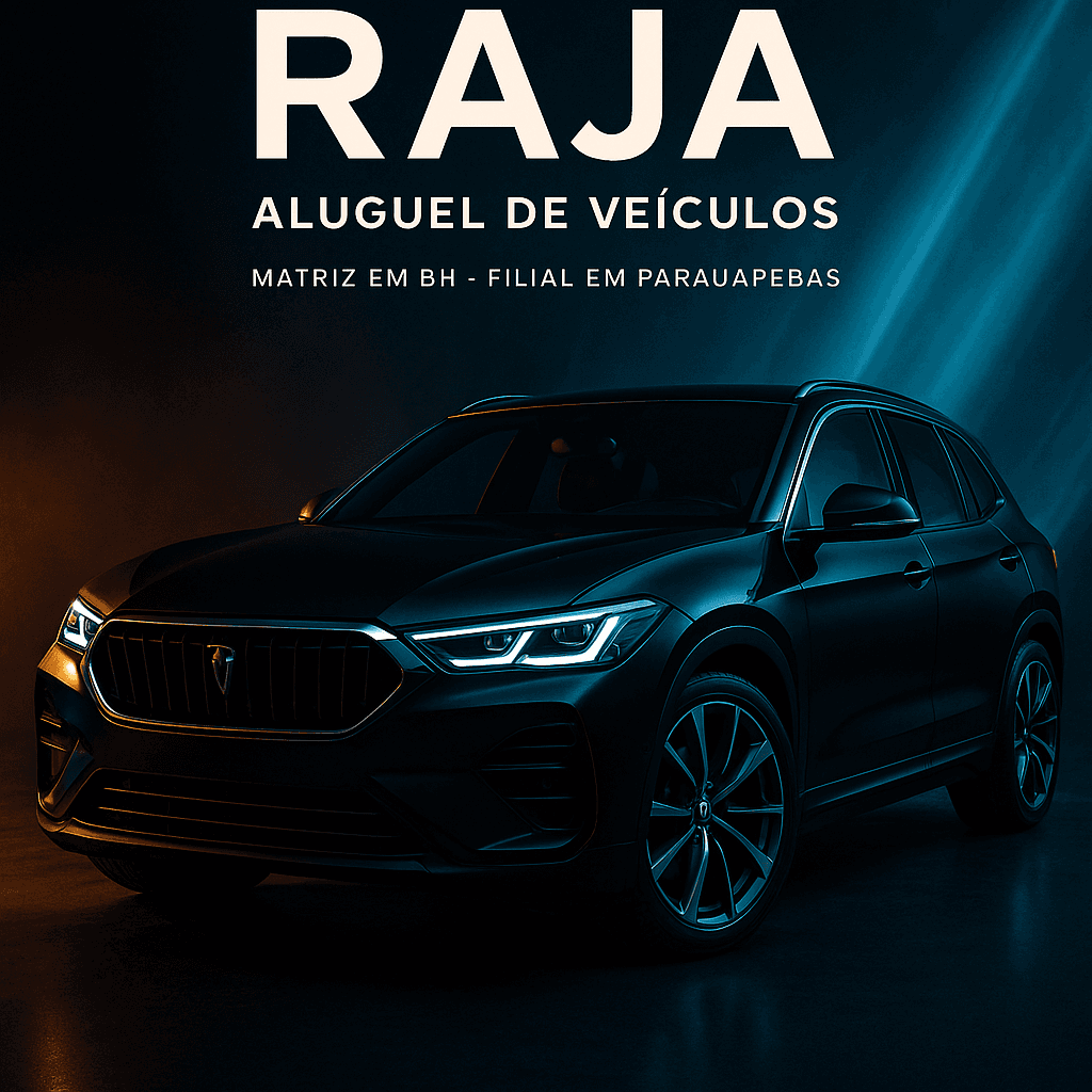 Criar uma imagem premium de campanha para a Aurora IA da plataforma ricardoiaoficial.com, com estética futurista, forte impacto visual, aparência publicitária de alto nível, beleza marcante, tecnologia elegante, luxo digital, composição cinematográfica, profundidade, iluminação bonita, alto contraste, refinamento premium e sensação visual encantadora. Contexto do pedido do usuário: Gere a mesma imagem e coloque o nome da Raja Aluguel de Veículos com matriz em BH e Filial em Parauapebas no para
