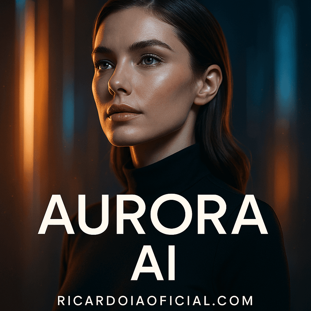Criar uma imagem premium de campanha para a Aurora IA da plataforma ricardoiaoficial.com, com estética futurista, forte impacto visual, aparência publicitária de alto nível, beleza marcante, tecnologia elegante, luxo digital, composição cinematográfica, profundidade, iluminação bonita, alto contraste, refinamento premium e sensação visual encantadora. Contexto do pedido do usuário: Aurora ia crie uma imagem para divulgar a auroria ia da platagorma ricardoiaoficial.com crie uma imagem premium super encantadora
